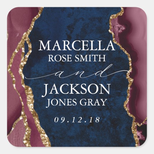 Hochzeit der Marine, Burgund & Gold Agate Quadratischer Aufkleber (Vorderseite)