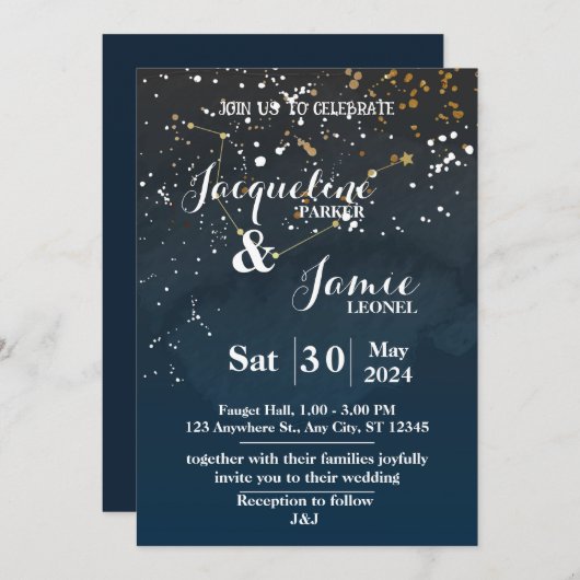 Hochzeit der Marine und Gold Night Sky Einladung (Vorne/Hinten)
