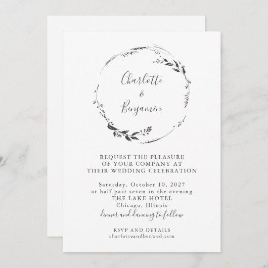 Hochzeit der Minimalistischen weißen Blütenkalligr Einladung (Vorne/Hinten)