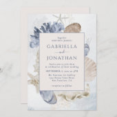 Hochzeit der modernen Blue Marine Coral Seashells Einladung (Vorne/Hinten)