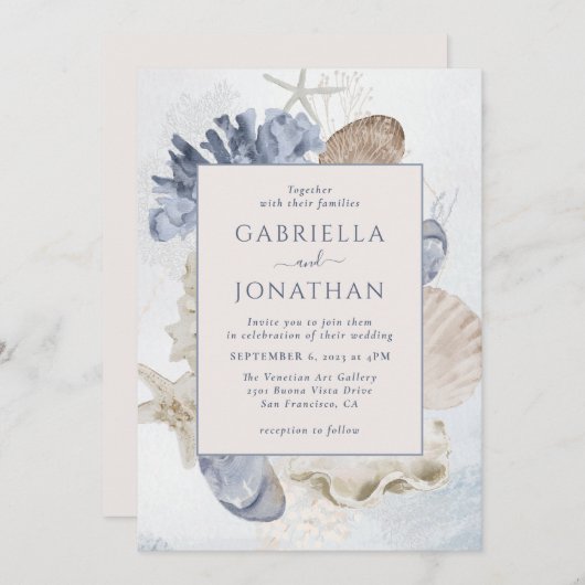 Hochzeit der modernen Blue Marine Coral Seashells Einladung (Vorne/Hinten)