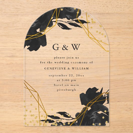 Hochzeit der modernen geometrischen Schwarzen Flor Acryleinladungen (Vorderseite)