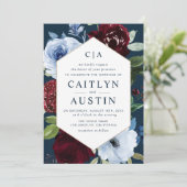 Hochzeit der modernen marineblauen Blume Einladung (Stehend Vorderseite)