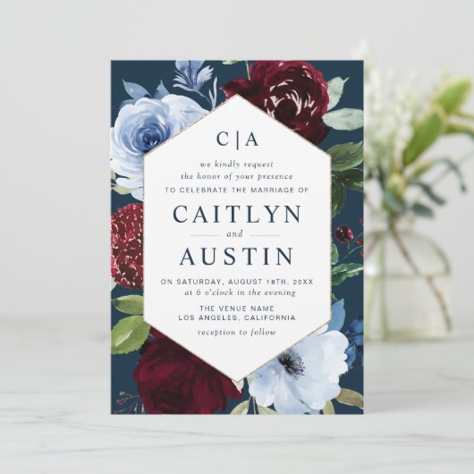 Hochzeit der modernen marineblauen Blume Einladung (Stehend Vorderseite)