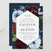 Hochzeit der modernen marineblauen Blume Einladung (Vorne/Hinten)