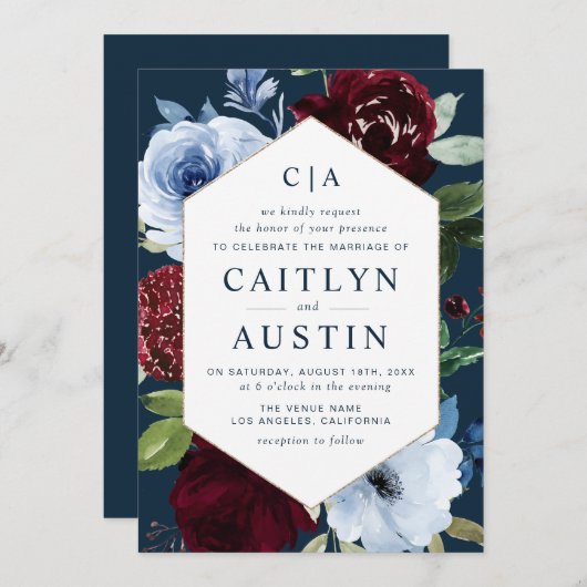 Hochzeit der modernen marineblauen Blume Einladung (Vorne/Hinten)