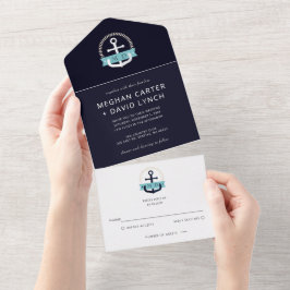 Hochzeit der modernen Navy-Anchor-Nautical-Monogra All In One Einladung