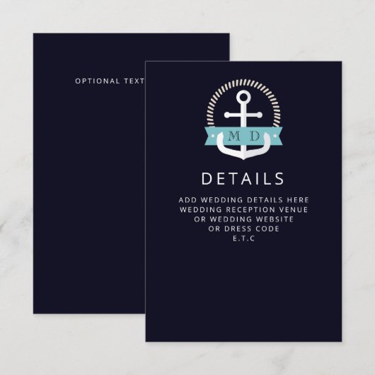 Hochzeit der modernen Navy-Anchor-Nautical-Monogra Begleitkarte (Vorne/Hinten)