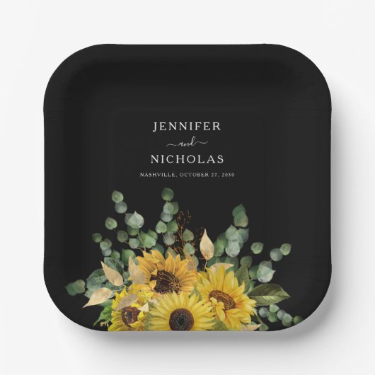 Hochzeit der modernen Schwarzen Blütenblume Pappteller (Vorderseite)