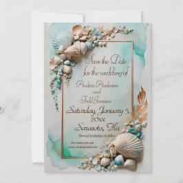 Hochzeit der Muschel am aquamarinen Meer Save The Date