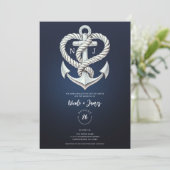 Hochzeit der Nautic Heart Rope Anchor Coastal Navy Einladung (Stehend Vorderseite)