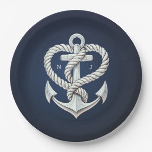 Hochzeit der Nautic Heart Rope Anchor Coastal Navy Pappteller