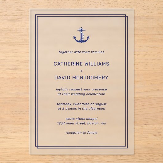 Hochzeit der Nautic Navy Blue Anchor Typografy Acryleinladungen (Vorderseite)