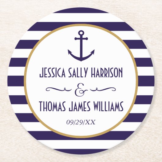 Hochzeit der Nautischen Marine und des Weißstreife Runder Pappuntersetzer (Vorderseite)