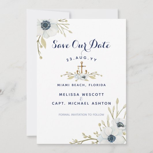 Hochzeit der nautischen Navy mit blauen Wasserfarb Save The Date (Vorderseite)