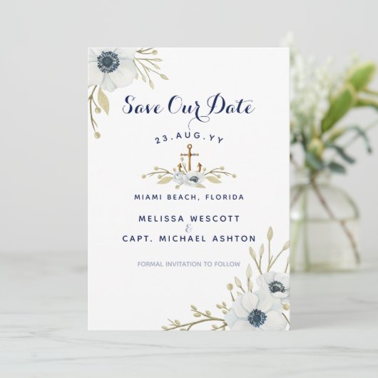 Hochzeit der nautischen Navy mit blauen Wasserfarb Save The Date (Stehend Vorderseite)