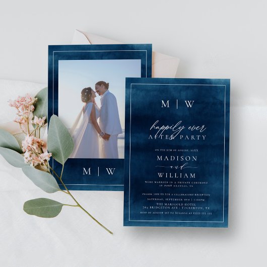 Hochzeit der Navy Blue Elegante Monogram Elopement Einladung