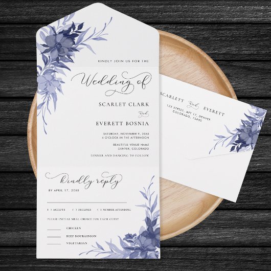 Hochzeit der Navy Blue Floral Romantic Calligraphy All In One Einladung