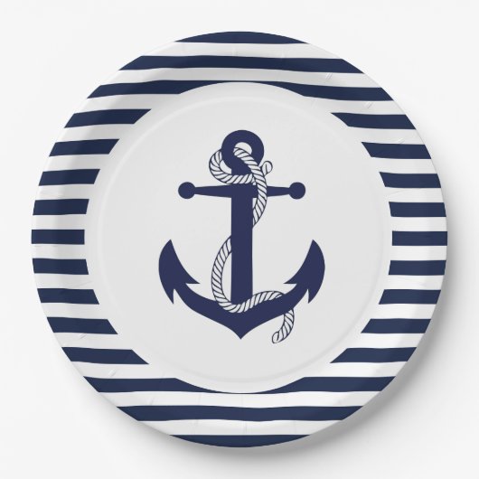 Hochzeit der Navy Blue und White Striped Anchor. Pappteller (Vorderseite)
