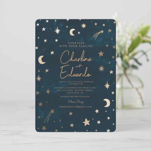 Hochzeit der Navy Celestial Gold Stars Moon Astron Einladung