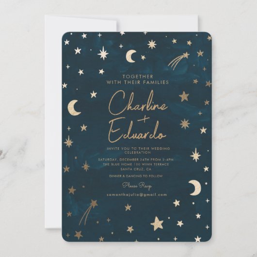 Hochzeit der Navy Celestial Gold Stars Moon Astron Einladung (Vorderseite)