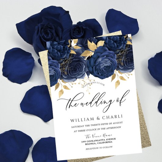 Hochzeit der Navy mit Blue & Gold Floral Einladung