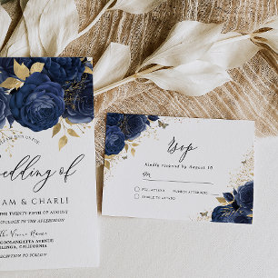 Hochzeit der Navy mit Blue & Gold Floral RSVP Karte