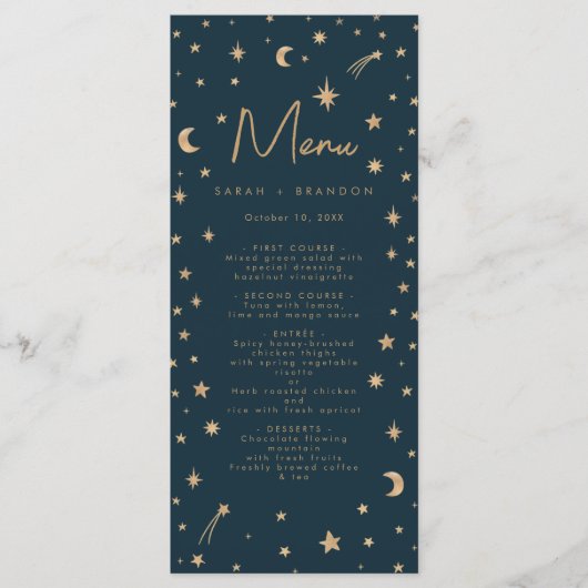 Hochzeit der Navy Mystical Gold Stars Moon Astrono Menükarte (Vorderseite)