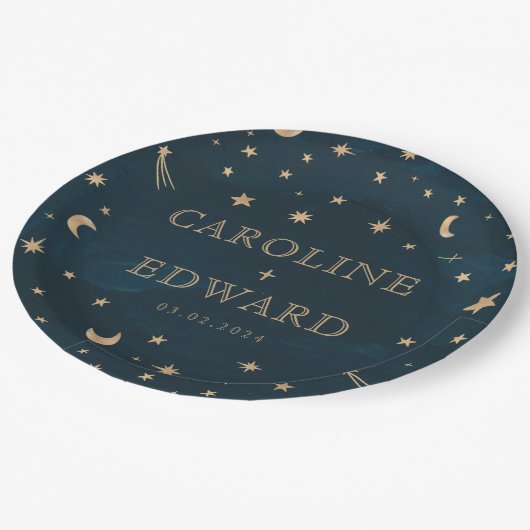 Hochzeit der Navy Mystical Gold Stars Moon Astrono Pappteller (Schrägansicht)