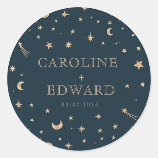 Hochzeit der Navy Mystical Gold Stars Moon Astrono Runder Aufkleber (Vorderseite)