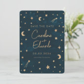 Hochzeit der Navy Mystical Gold Stars Moon Astrono Save The Date (Stehend Vorderseite)