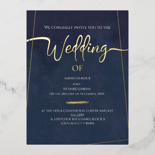 Hochzeit der Navy Velvet Gold Foil Calligraphy Folie Einladungspostkarte (Vorderseite)