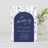 Hochzeit der Navy Wildblumen Trendy Arch Calligrap Einladung (Stehend Vorderseite)