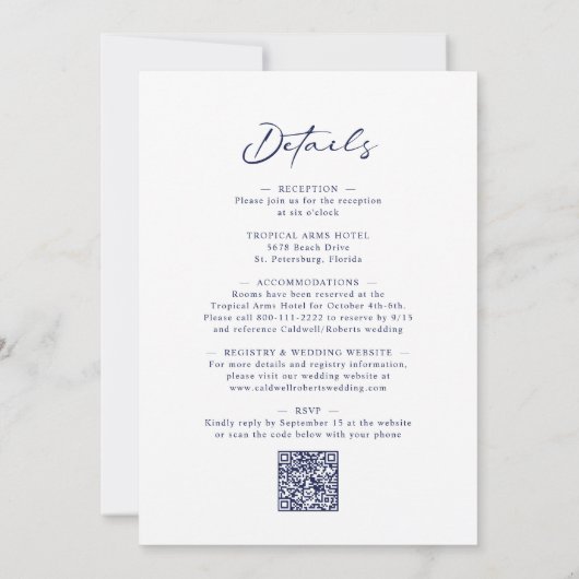 Hochzeit der Navy Wildblumen Trendy Arch Calligrap Einladung (Rückseite)