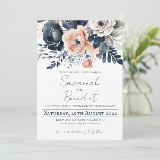 Hochzeit der Pfirsichschifffahrt mit Blumen Einladung (Stehend Vorderseite)