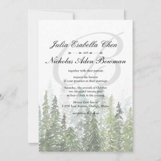 Hochzeit der Pinienwald-Monogram Einladung (Vorderseite)