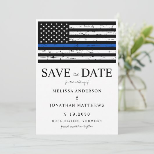 Hochzeit der Polizei in Thin Blue Line Save The Date (Stehend Vorderseite)