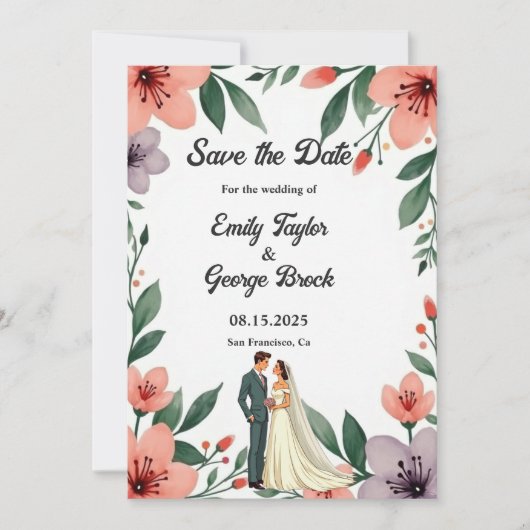Hochzeit der romantischen Braut und des Blumengart Save The Date (Vorderseite)