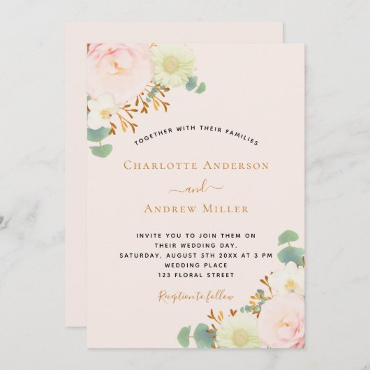 Hochzeit der rosa Pfirsichblumen Einladung (Vorne/Hinten)