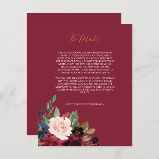 Hochzeit der Rose Burgundy Floral II Begleitkarte (Vorne/Hinten)