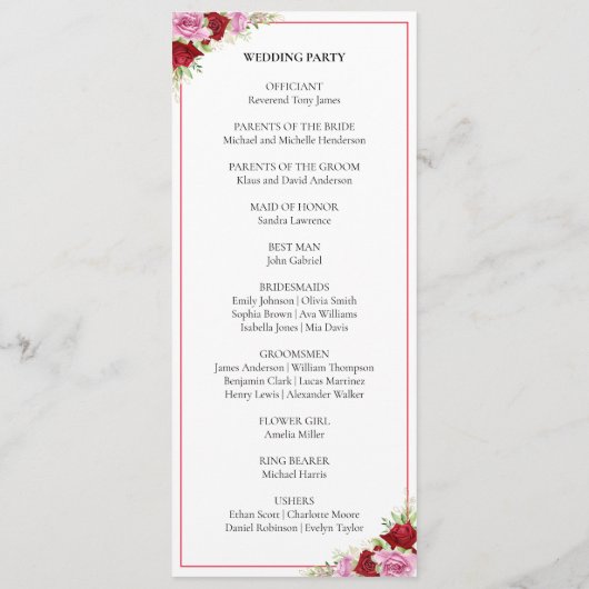 Hochzeit der Rose Floral Programm (Rückseite)