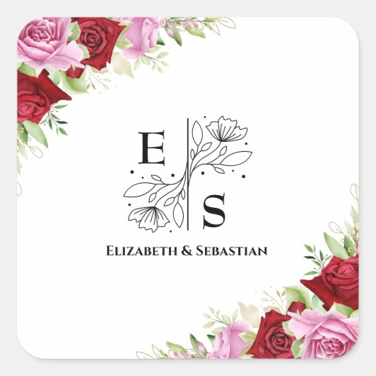 Hochzeit der Rose Floral Quadratischer Aufkleber (Vorderseite)