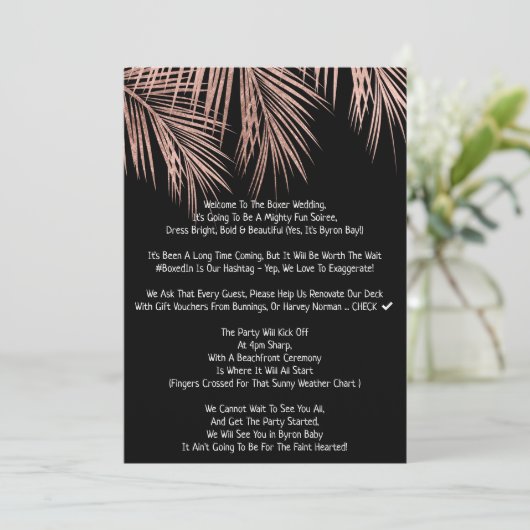 Hochzeit der Rose mit dem Gold der tropischen Palm Einladung (Stehend Vorderseite)