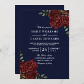 Hochzeit der roten romantischen Rose Navy & Burgun Einladung (Vorne/Hinten)