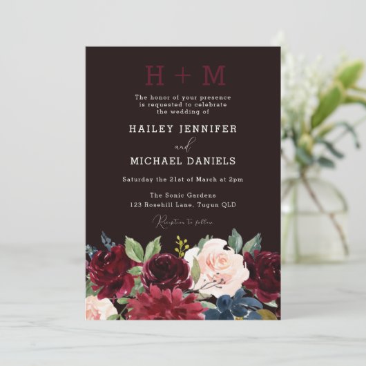 Hochzeit der Roten Weinflora Einladung (Stehend Vorderseite)