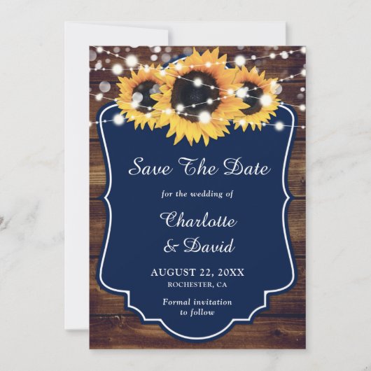 Hochzeit der Rustikalen Navy mit blauen Sonnenblum Save The Date (Vorderseite)