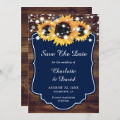 Hochzeit der Rustikalen Navy mit blauen Sonnenblum Save The Date (Vorne/Hinten)