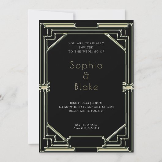 Hochzeit der Schwarz-Grün Art Déco Einladung (Vorderseite)