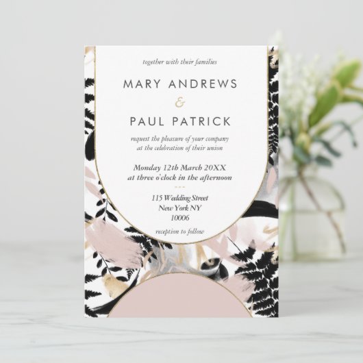 Hochzeit der Schwarz-weißen Goldblüte in geometris Einladung (Stehend Vorderseite)