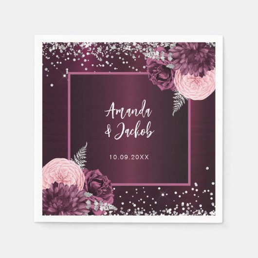 Hochzeit der Silberfloralen Burgund Serviette (Vorderseite)